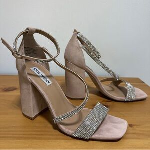 Steve Madden Varali Nude Rhinestone Block Heels Square Toe Sandals Size 10